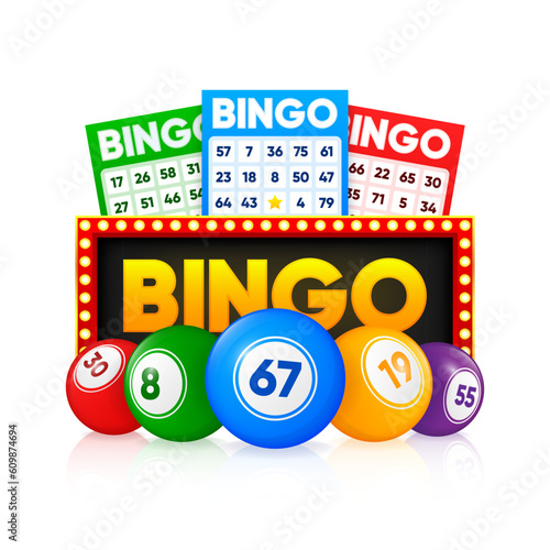 Lottery tickets and number balls. Lotto bingo cards with numbers, keno gambling. Colorful betting sheets with lucky numbers. Gaming industry and casino advertising. Vector Illustration.