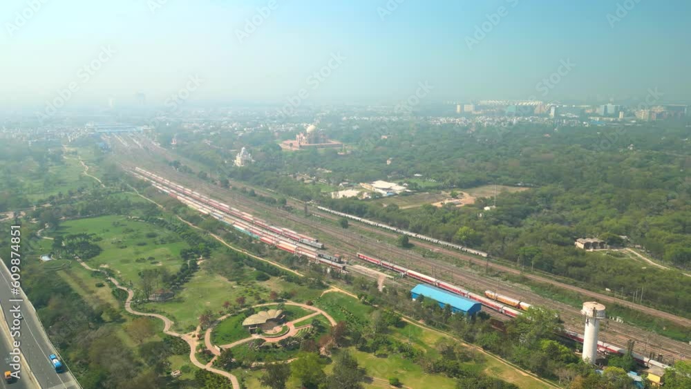 Delhi: Aerial view of capital city of India, famous landmark Humayun’s Tomb - landscape panorama of South Asia from above Delhi: Aerial view of capital city of India, famous landmark Humayun’s Tomb - landscape panorama of South Asia from above