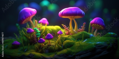 Magical mysterious mushrooms. Growing microorganisms. Generative AI. Illustration for banner, poster, cover, brochure or presentation.