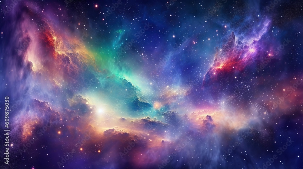 Fototapeta premium Stary night cosmos. Universe science astronomy. Colorful space galaxy cloud nebula. Generative AI for banner, poster, cover, brochure or presentation.
