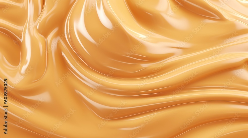 Fototapeta premium Liquid sweet melted caramel. Wavy abstract background. Peanut butter. Generative AI. Illustration for banner, poster, cover, brochure or presentation.