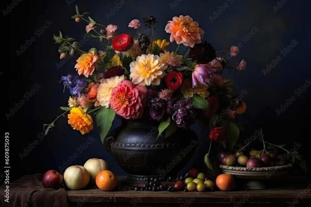 Fototapeta premium Flower Still Life Bouquet in Vintage Vase, Ancient Dutch Masters Imitation, Abstract Generative AI Illustration