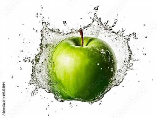 Falling apple fruit meets water in a splash, white background. Lots of crystal drops. AI generative illustration.