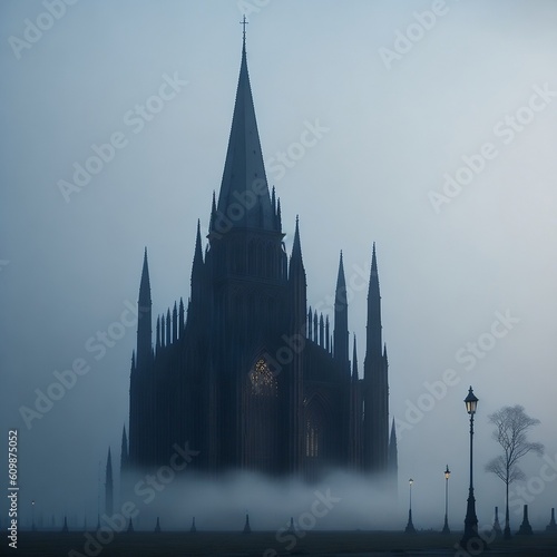 A Gothic cathedral on a misty morning. Generated AI tool