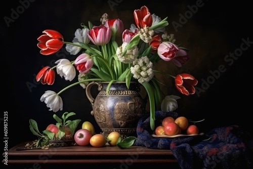 Flower Still Life Bouquet in Vintage Vase, Ancient Dutch Masters Imitation, Abstract Generative AI Illustration © artemstepanov