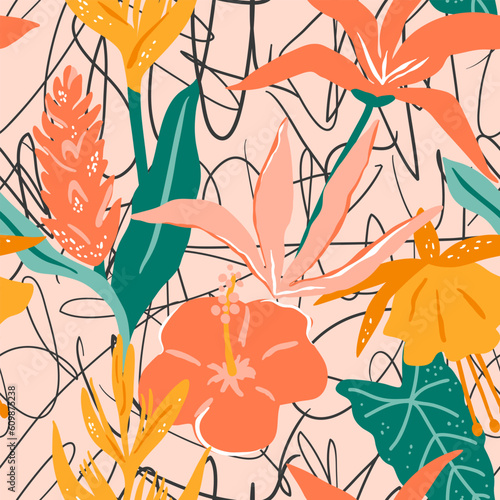 Seamless pattern with stylized tropical flowers