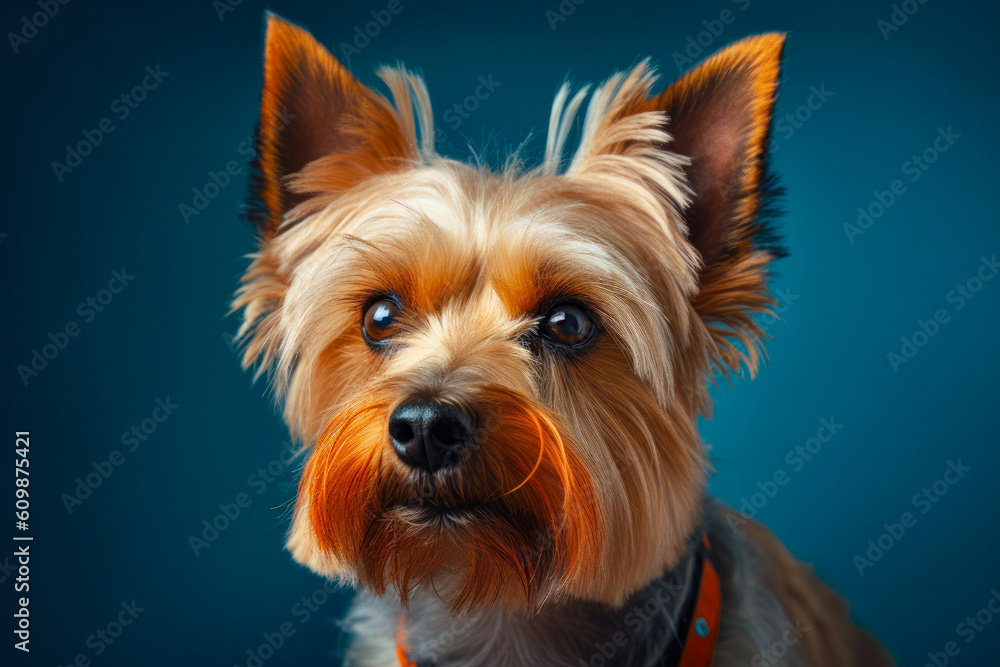 Portrait of Yorkshire terrier dog, closeup, isolated on dark blue background. generative AI