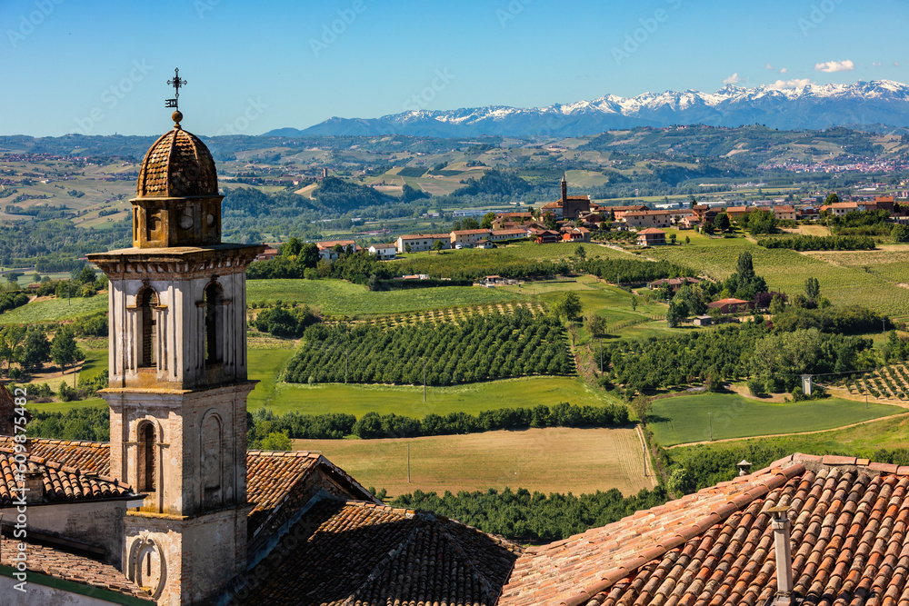 Rural fields, roofs and belfry in small town of Govone, Italy.