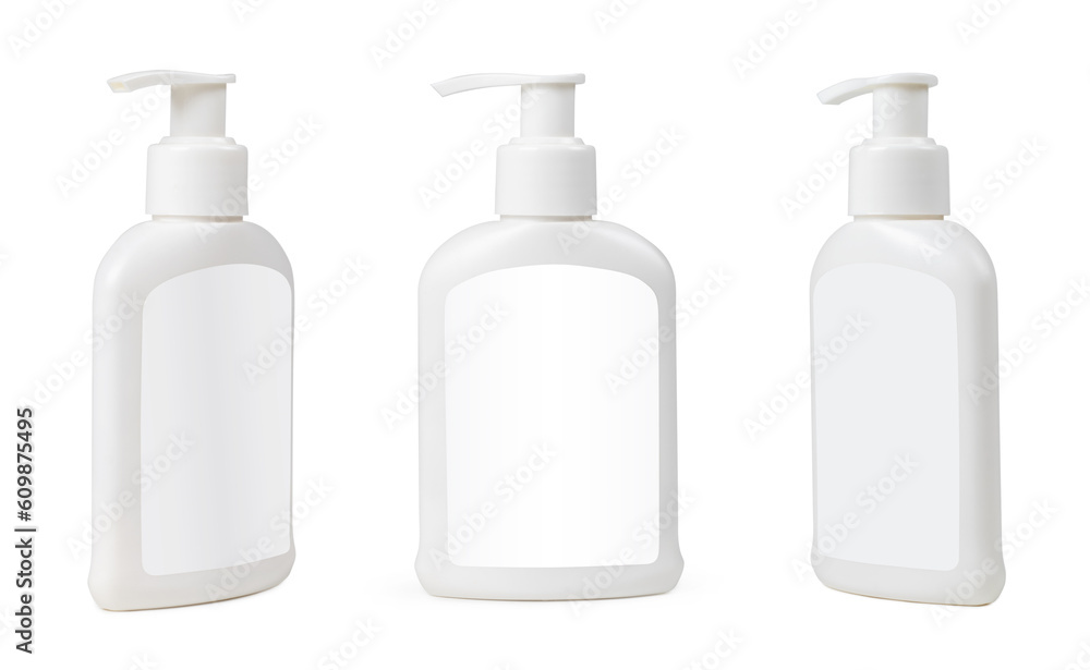White dispenser bottle isolated on white background, cosmetic packaging mockup with copy space White dispenser bottle isolated on white background, cosmetic packaging mockup with copy space