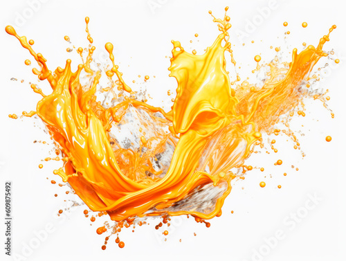Falling orange fruit become an orange juice meets water in a splash, white background. Lots of crystal drops. AI generative illustration. © peshkova