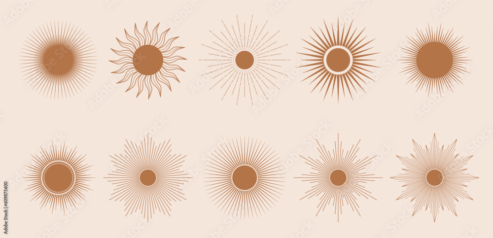 Hand drawn set of Sun, sunburst, light rays in line art. Bohemian symbol bursting sun rays. Magic talisman, antique style, boho, tattoo, logo. Vector illustration isolated on beige background. Hand drawn set of Sun, sunburst, light rays in line art. Bohemian symbol bursting sun rays. Magic talisman, antique style, boho, tattoo, logo. Vector illustration isolated on beige background.