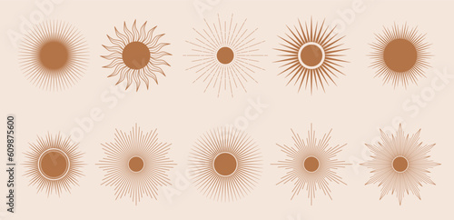 Hand drawn set of Sun, sunburst, light rays in line art. Bohemian symbol bursting sun rays. Magic talisman, antique style, boho, tattoo, logo. Vector illustration isolated on beige background.
