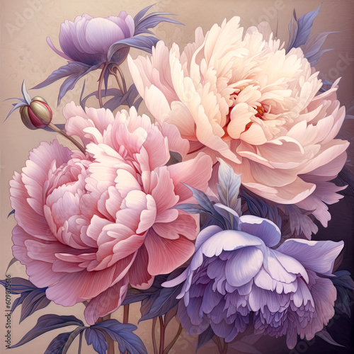 Wedding floral composition. Watercolor peony flowers illustration. Generative AI © Slanapotam