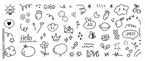 Set of cute pen line doodle element vector. Hand drawn doodle style collection of heart, arrows, scribble, speech bubble, star, butterfly, words. Design for print, cartoon, card, decoration, sticker.