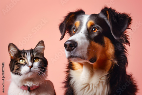 portrait of adorable cat and dog together. animal friendship. generative AI