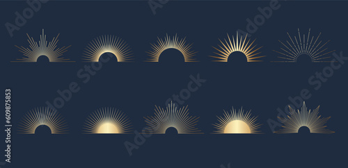 Hand drawn set of golden Sun, sunburst, light rays in line art. Bohemian symbol bursting sun rays. Magic talisman, antique style, boho, tattoo, logo. Vector illustration isolated on blue background.