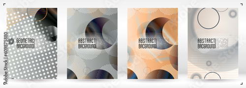 Set of Abstract Cover with Gradient Mesh Holographic Circles. Hipster Graphic Template Design with Lines, Dots, Round Shapes. Innovation Style for your Business Cover.