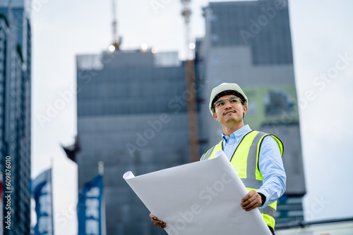 Fotografija Civil engineers holding blueprints looking confident with a building background, contractor inspection constructed on-site, vertical real estate developer and architecture concept