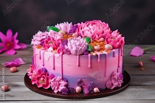 Beautiful cake decorated with many flowers. Wedding pie. Generative AI