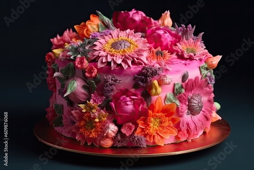 Beautiful cake decorated with many flowers. Wedding pie. Generative AI