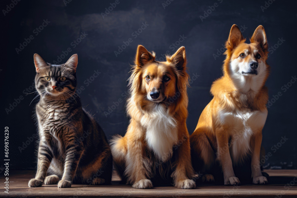 portrait of adorable cat and two dogs together. animal friendship. generative AI