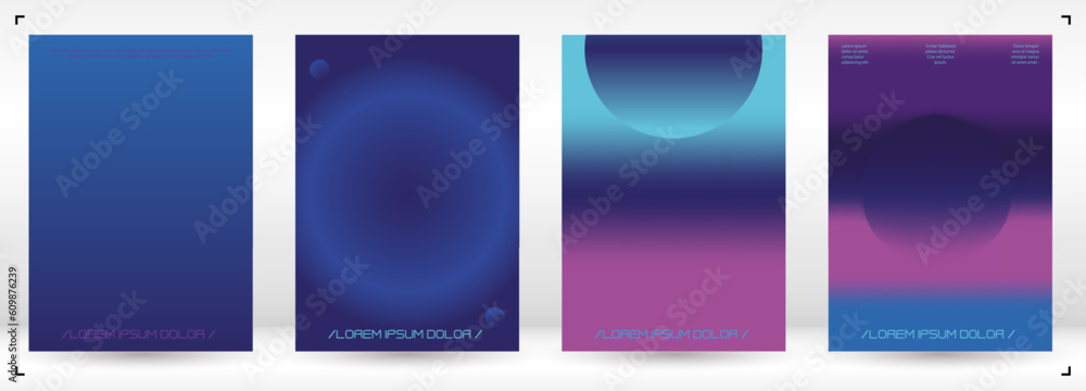 Futuristic Background Set with Gradient Mesh Holographic Shapes. Vector Template Design for your Business. Minimal Print Set in Purple Blue Colors for Your Identity Style.