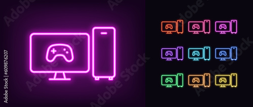 Outline neon gaming pc icon set. Glowing neon system unit and monitor screen with game controller sign, computer with gamepad pictogram. Game PC system, high gaming performance and power