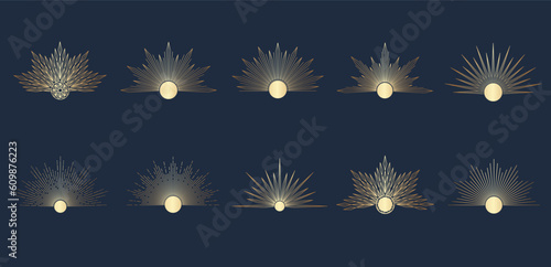 Hand drawn set of golden Sun, sunburst, light rays in line art. Bohemian symbol bursting sun rays. Magic talisman, antique style, boho, tattoo, logo. Vector illustration isolated on blue background.