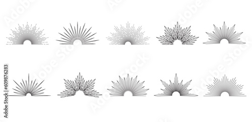Hand drawn set of Sun, sunburst, light rays in line art. Bohemian symbol bursting sun rays. Magic talisman, antique style, boho, tattoo, logo. Vector illustration isolated on white background.