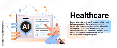 man patient reading electronic medical documentation report on digital screen medicine ai healthcare concept