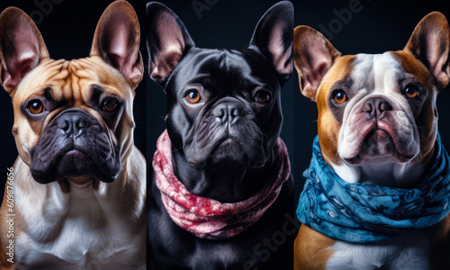 collage from portraits of three cute bulldogs. generative AI