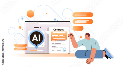 professional insurance agent analysing financial report policy terms conditions with ai helper bot contract analysist concept