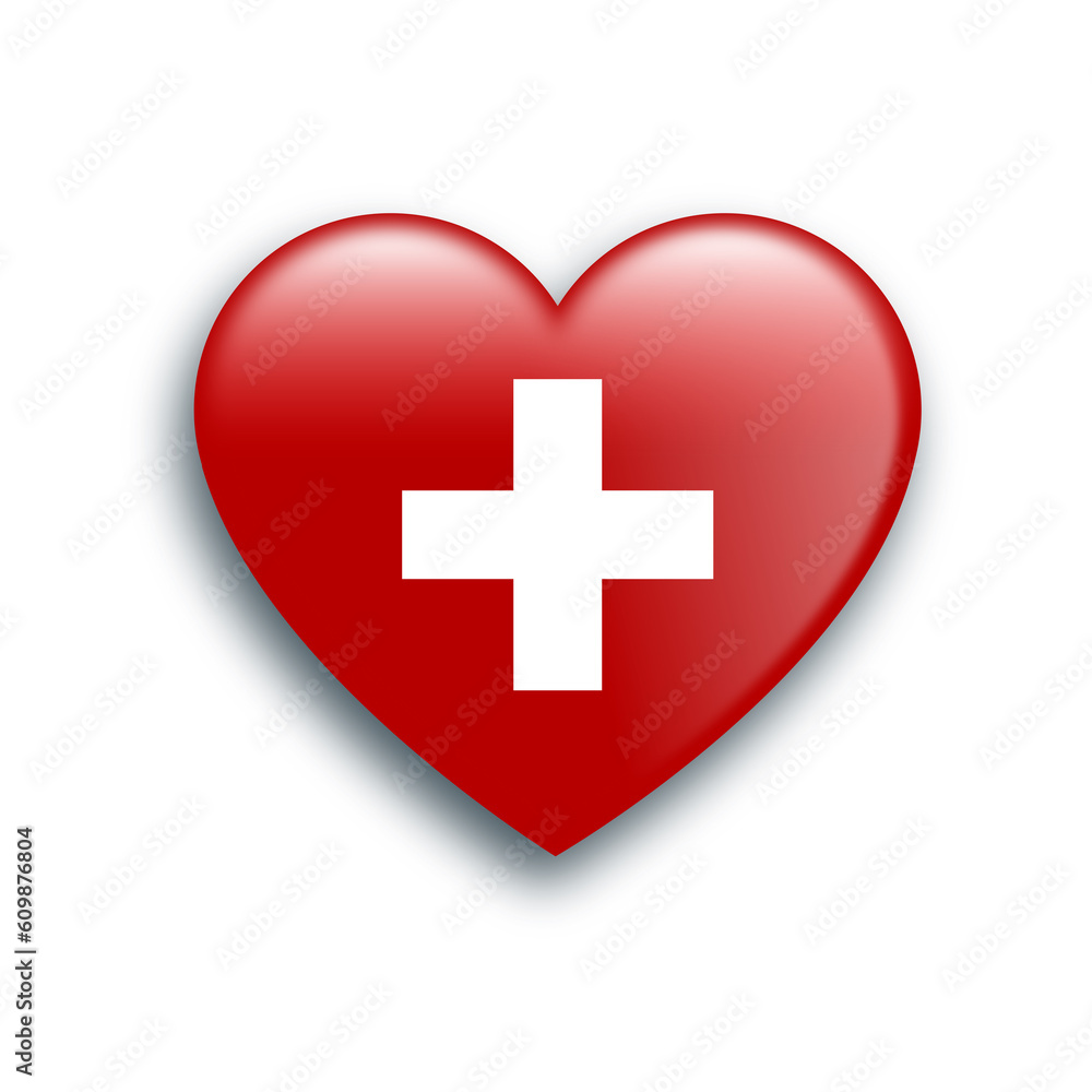 illustration of a red heart with a white cross. Medical symbol. 3D drawing of heart. illustration of a red heart with a white cross. Medical symbol. 3D drawing of heart.