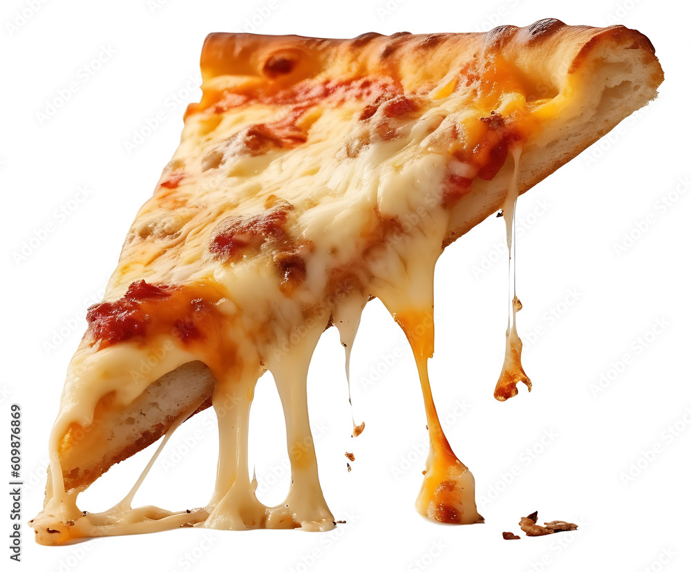 A slice of pizza with stretchy cheese. Isolated on a transparent  background. KI. Stock Illustration