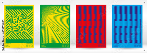 Geometrical Poster Design with Optical Illusion Effect.  Modern Psychedelic Cover Page Collection. Colourful Wave Lines Background. Fluid Stripes Art. Swiss Design. Vector Illustration for Brochure.