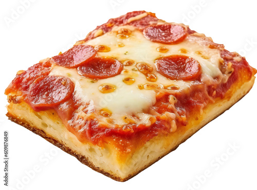 Piece of Sicilian pizza with salami. Isolated on a transparent background. KI.