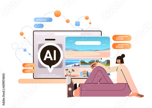 woman using virtual travel application on digital screen traveling artificial intelligence technology concept