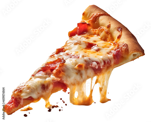 Italian pizza. A piece of cheese pizza with stretchy cheese. Isolated on a transparent background. KI.