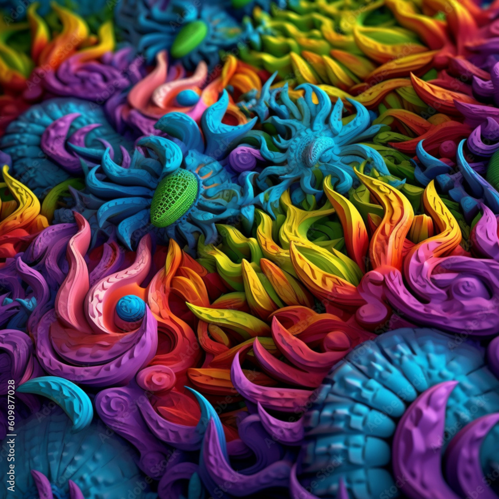 a colorful 3d render of some different plants and creatures, in the style of intricate psychedelic patterns, pattern explosion, mark henson, focus stacking, poured, aries moross, vibrant.