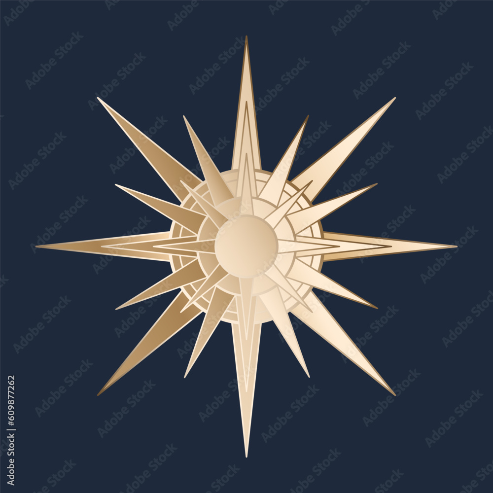 Hand drawn mystical golden Sun, star in line art. Bohemian symbol bursting sun rays. Magic celestial circle talisman, antique style, boho, tattoo, logo. Vector sketch illustration on blue background Hand drawn mystical golden Sun, star in line art. Bohemian symbol bursting sun rays. Magic celestial circle talisman, antique style, boho, tattoo, logo. Vector sketch illustration on blue background