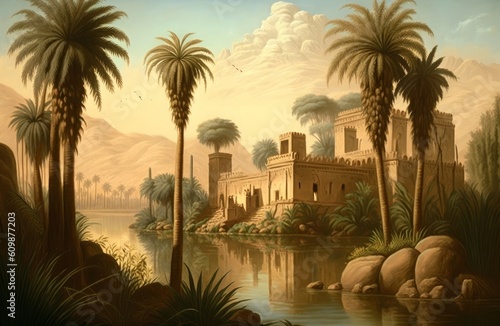 landscape painting of palms and trees on the banks of the Nile in ancient Egypt with temples, illustration, Generative ai © MG