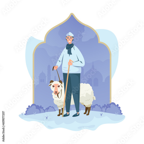 A muslim with a sheep for Islamic tradition of Eid adha