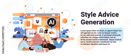 women choosing clothes in online shop with ai helper bot style advice generation artificial intelligence tech concept
