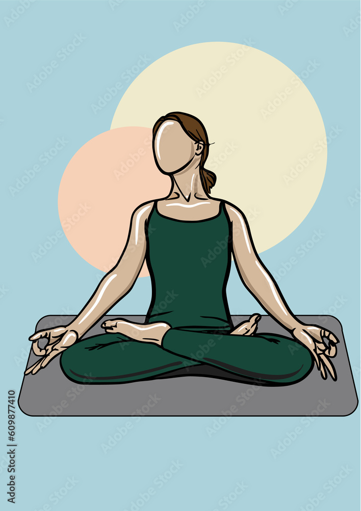 Yoga illustration. line art, ink graphic. colored spots and blue background. Easy Pose basics. Sukhasana Yoga illustration. line art, ink graphic. colored spots and blue background. Easy Pose basics. Sukhasana