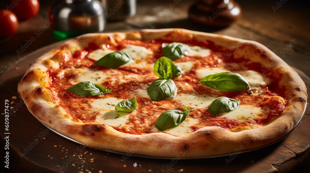 Margherita pizza on a rustic wooden table