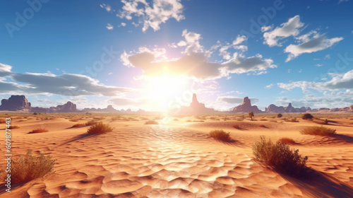 Desert landscape at high noon, with the sun blazing in the sky and heat waves visibly distorting the air above the sand