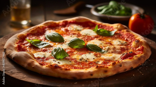 Margherita pizza on a rustic wooden table