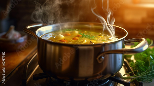 Fotografiet Pot of soup simmering on a stove with vegetables, meat, and herbs | Generative A
