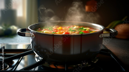 Pot of soup simmering on a stove with vegetables, meat, and herbs