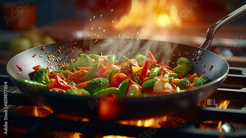 Culinary Symphony: Stir-Frying Fresh Vegetables in a Vibrant Kitchen Setting stir-fried in a wok